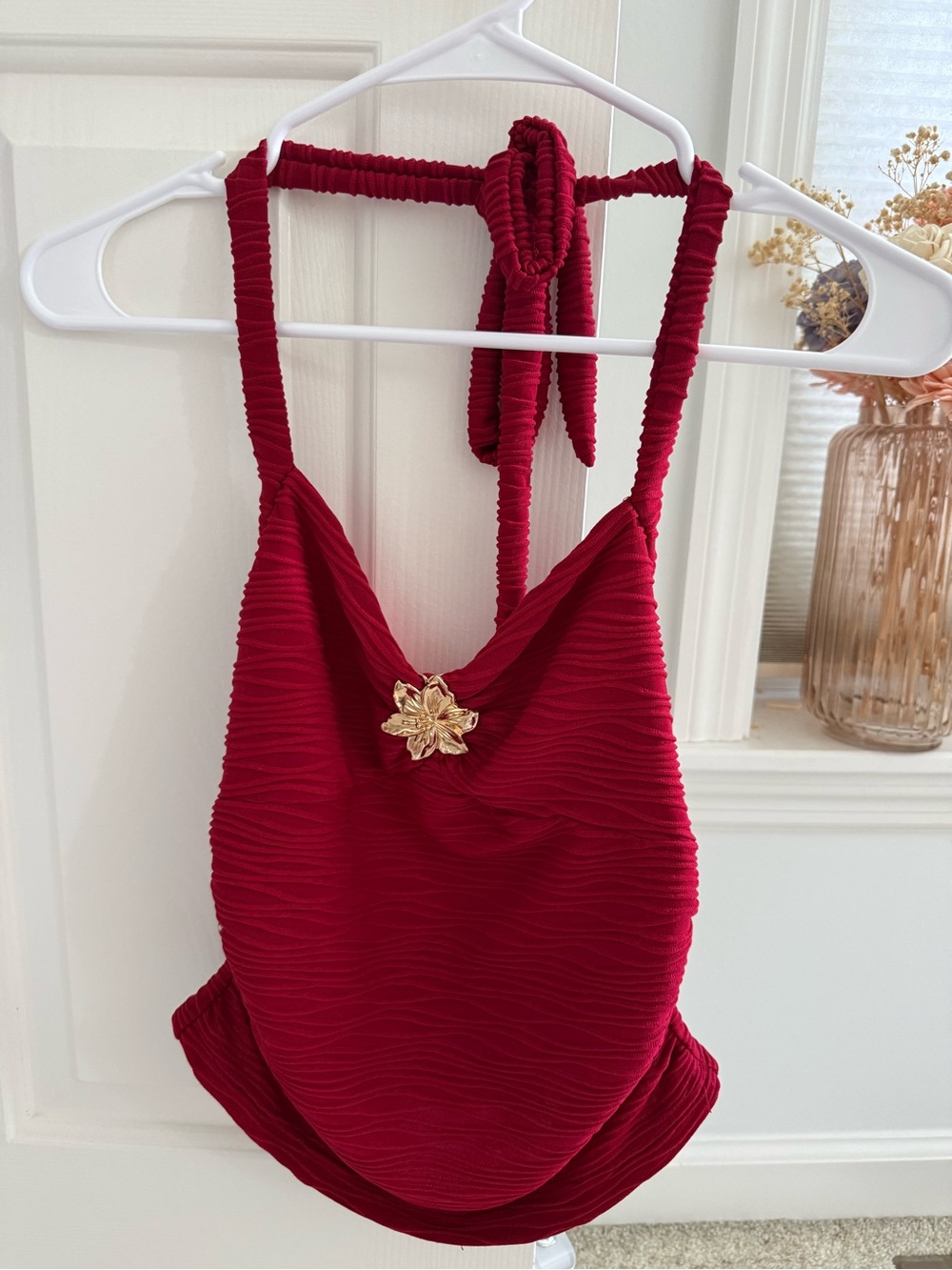 Red Textured One-Piece Swimsuit with Gold Flower Accent